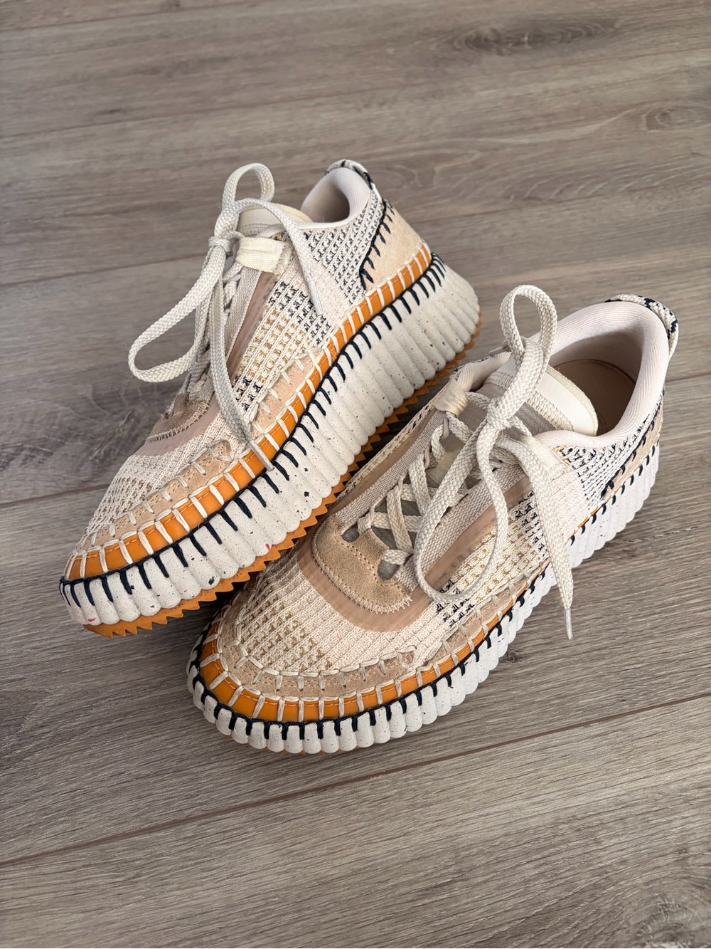 Chloe Cream Knit Platform Sneakers with Orange Trim